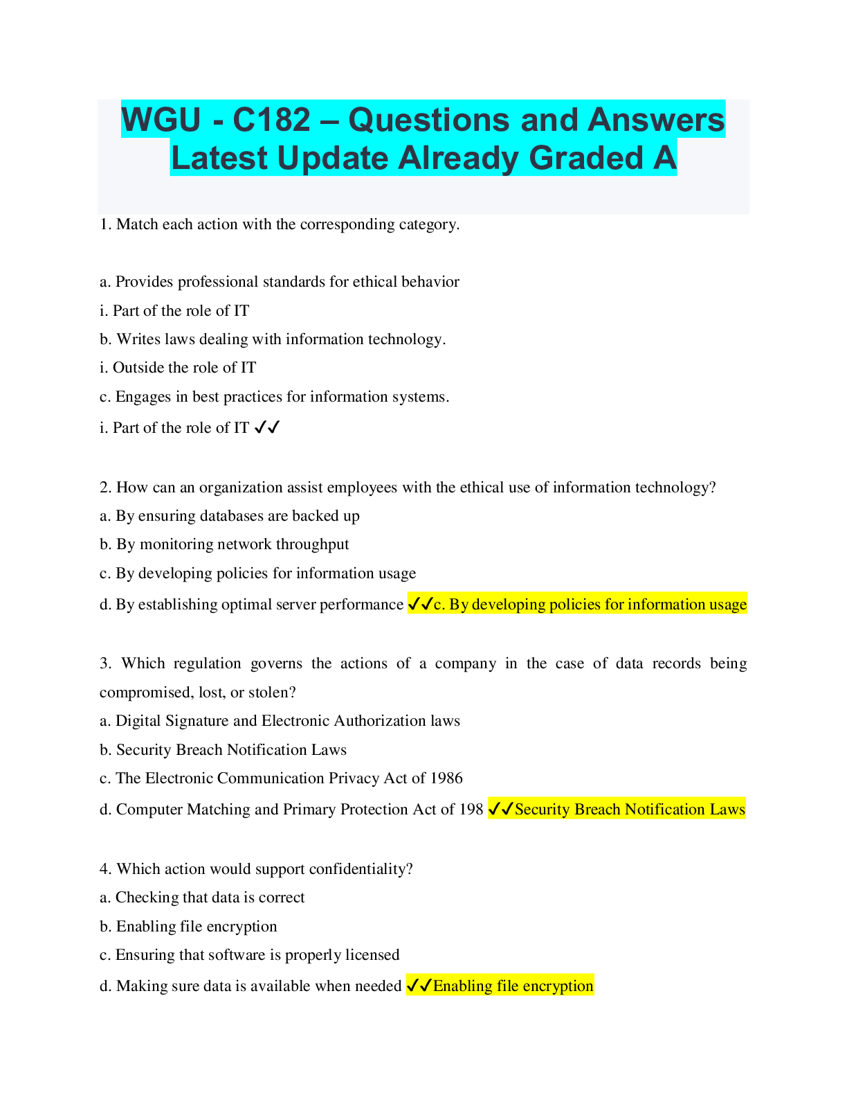 WGU C182 Questions and Answers Latest Update Already Graded A
